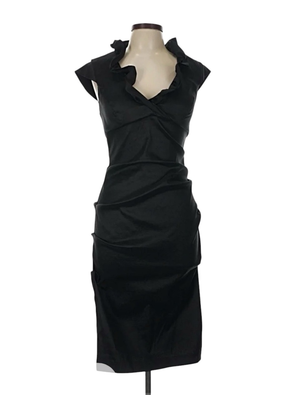 XSCAPE by Joanna Chen Size 10 Black Taffeta Ruffle Neck Pencil Dress USA